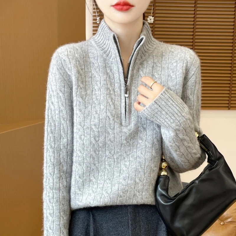 鄂尔多斯市100羊毛衫女秋冬半开领拉链宽松毛衣加厚针织打底上衣