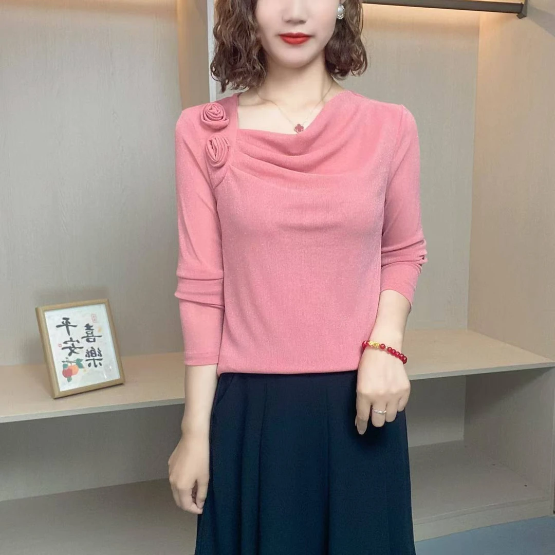 2025春季新款妈妈装纯色长袖显瘦时尚2朵花打底衫气质百搭k60