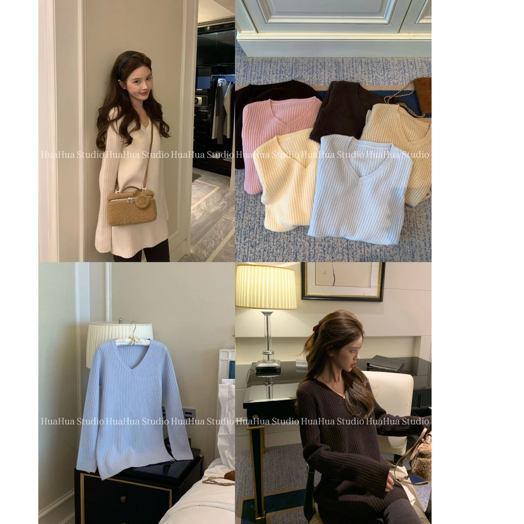 【花花】温暖底牌~韩系v领100羊毛中长款细针长袖针织衫显瘦打底衫