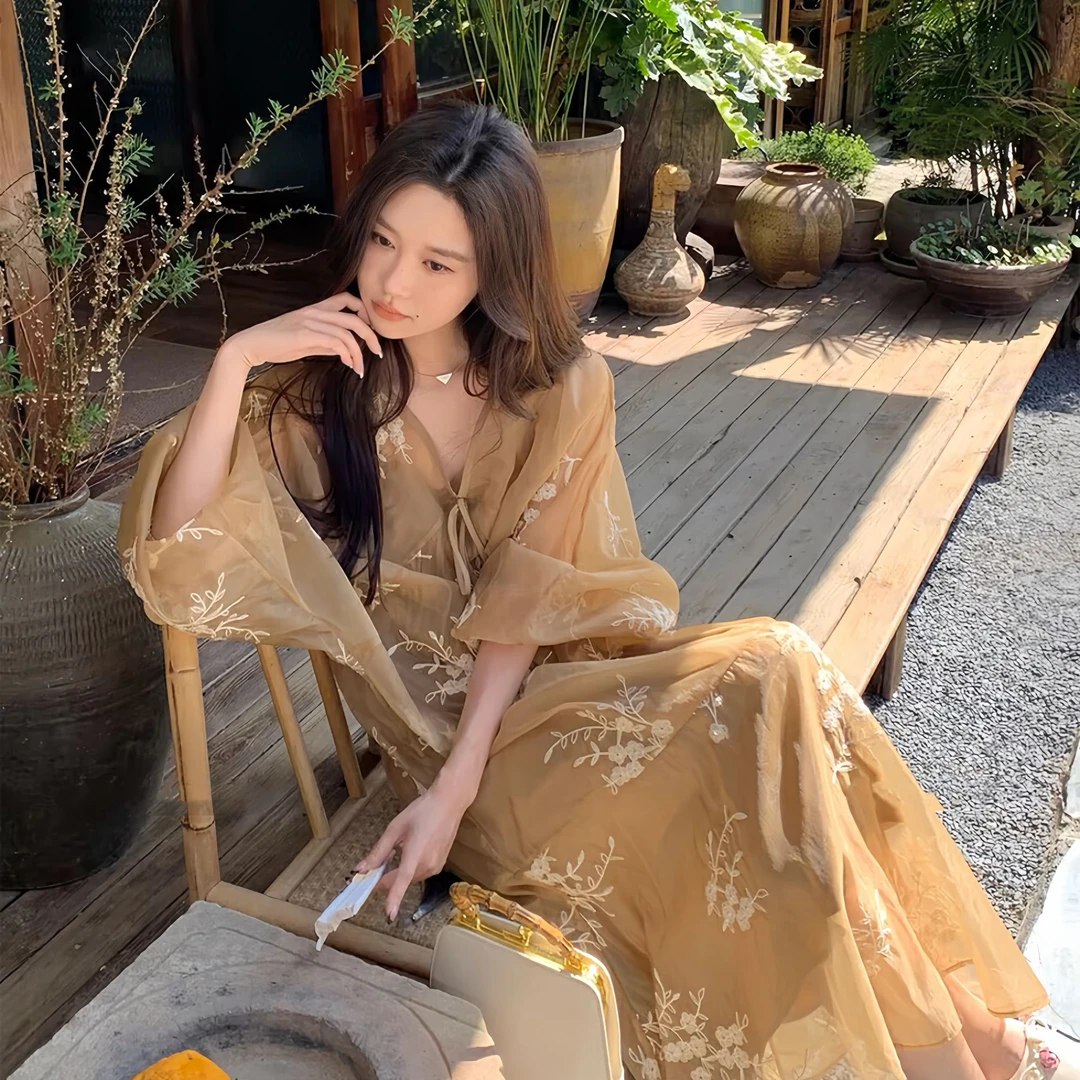 【夏季新款】烟雨如江南新中式连衣裙女春夏慵懒风宽松刺绣懒人长裙