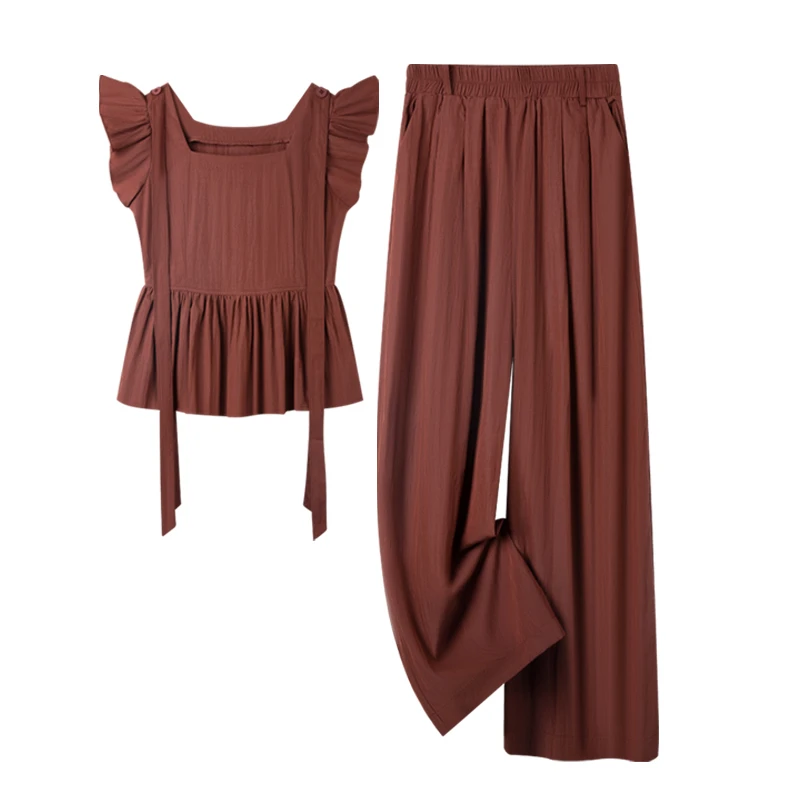 盐系冰丝套装女夏季薄款2025新款法式小飞袖上衣阔腿裤洋气两件套