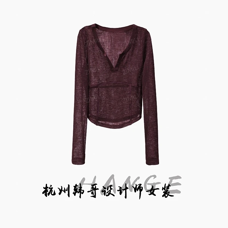 【韩哥女装】酒红色简约气质感V领时尚修身显瘦长袖网纱7818