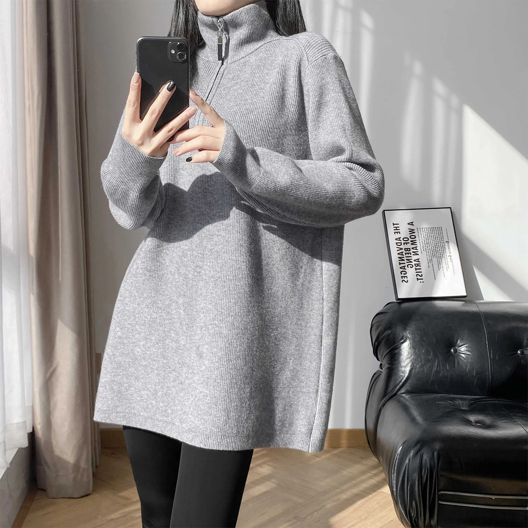 今年流行设计半拉链毛衣女秋冬宽松慵懒风中长款遮屁股针织衫加厚