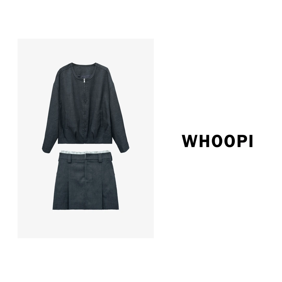 【Whoopi】【静奢时光】设计感暗格纹灰色夹克半身裙宽松休闲通勤套装