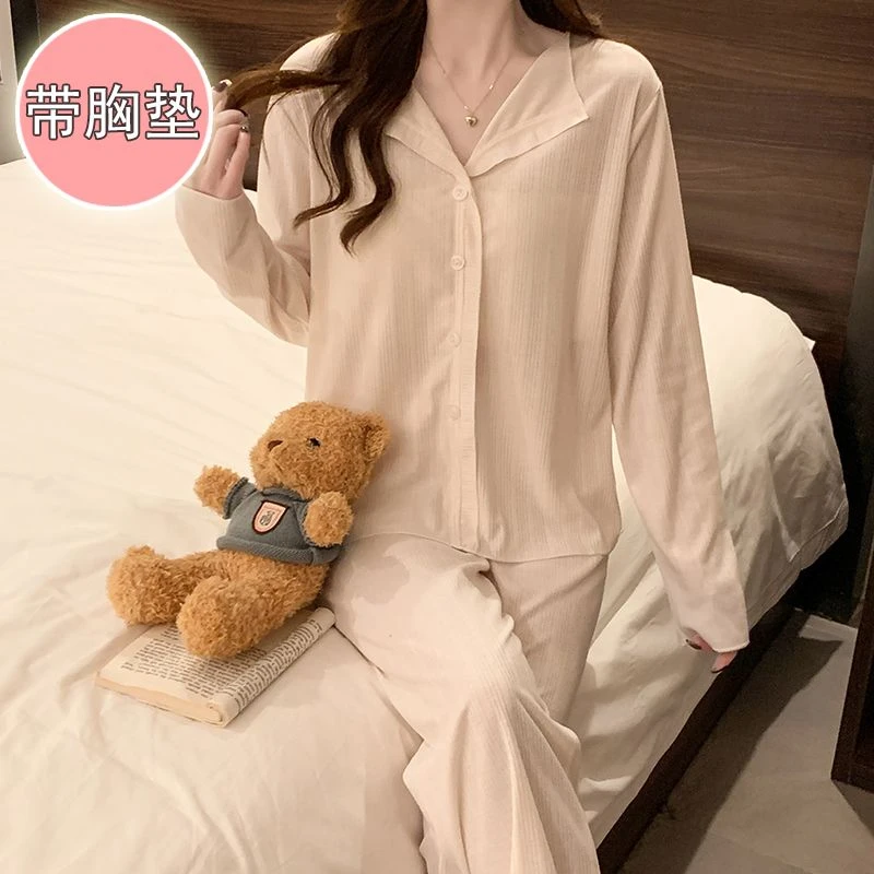 春秋季开衫长袖睡衣女款棉质薄款甜美带胸垫套装家居服加大码宽松