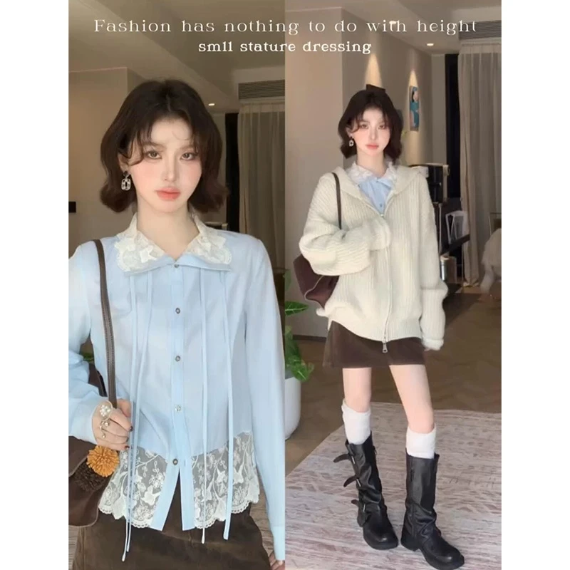 MARIE.COCO秋冬新款法式甜美风娃娃领蕾丝拼接衬衫毛衣外套包臀裙