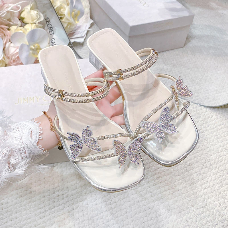 2025新款一字带配裙子两穿高跟水晶凉鞋法式水钻粗跟拖鞋女夏夏季