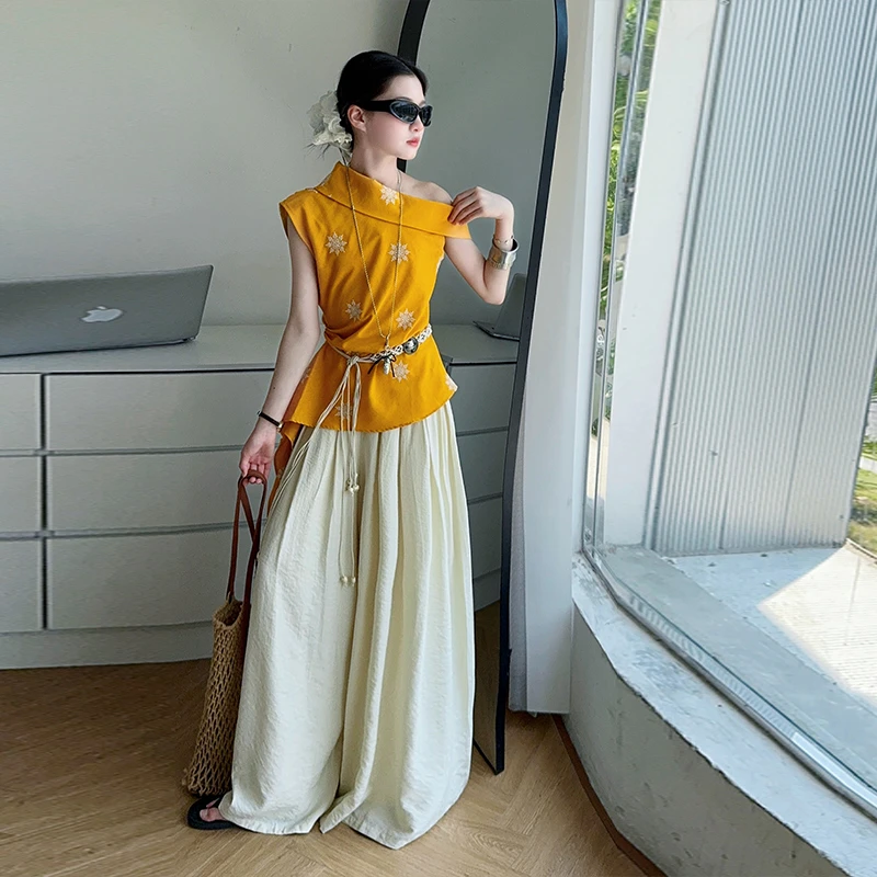 女童洋气黄色斜肩上衣阔腿裤套装夏季儿童百搭直筒裤中大童两件套