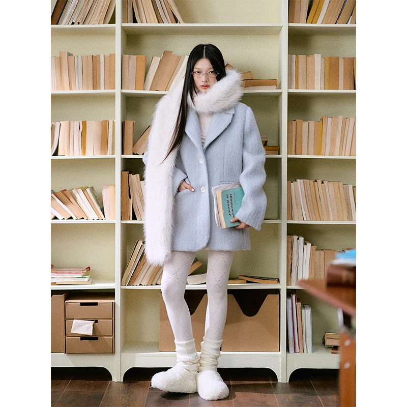 【LaluneDuCiel】羊毛混纺温柔围巾毛呢短大衣女LSND00629