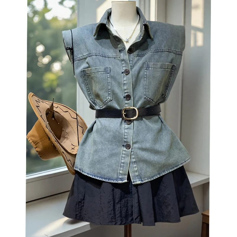 美式高级感2025春夏新款韩版洋气宽松polo领无袖水洗牛仔衬衫马甲