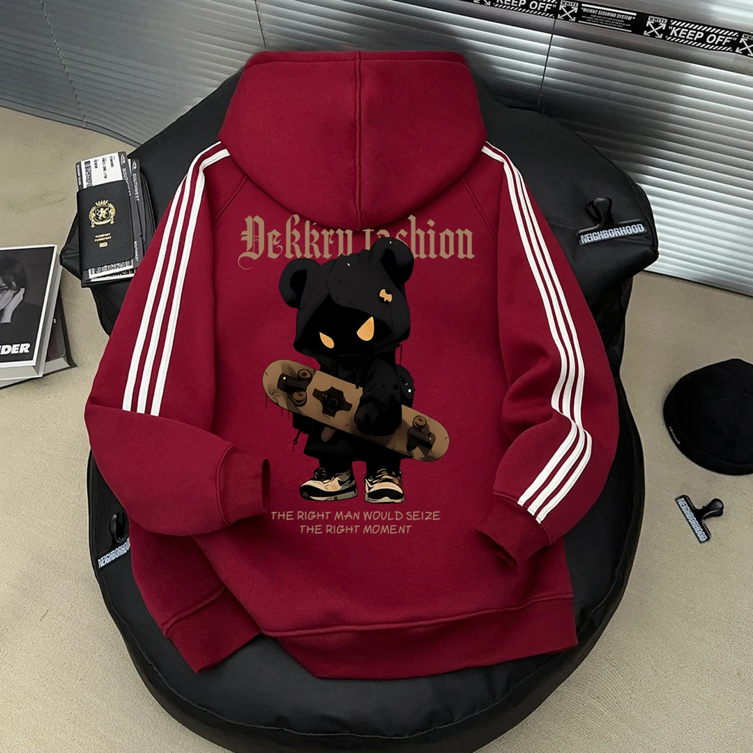 美式酷炫小熊人印花酒红色卫衣秋冬季男女连帽套头三条杠休闲上衣