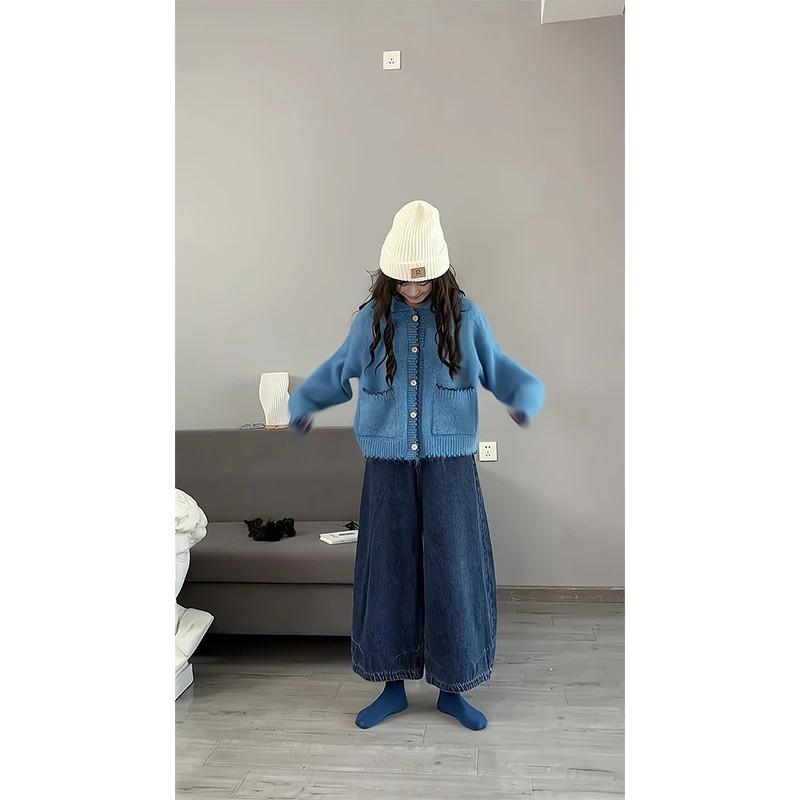 2025新款女士秋季慵懒风软糯翻领宽松百搭针织开衫高腰阔腿牛仔裤