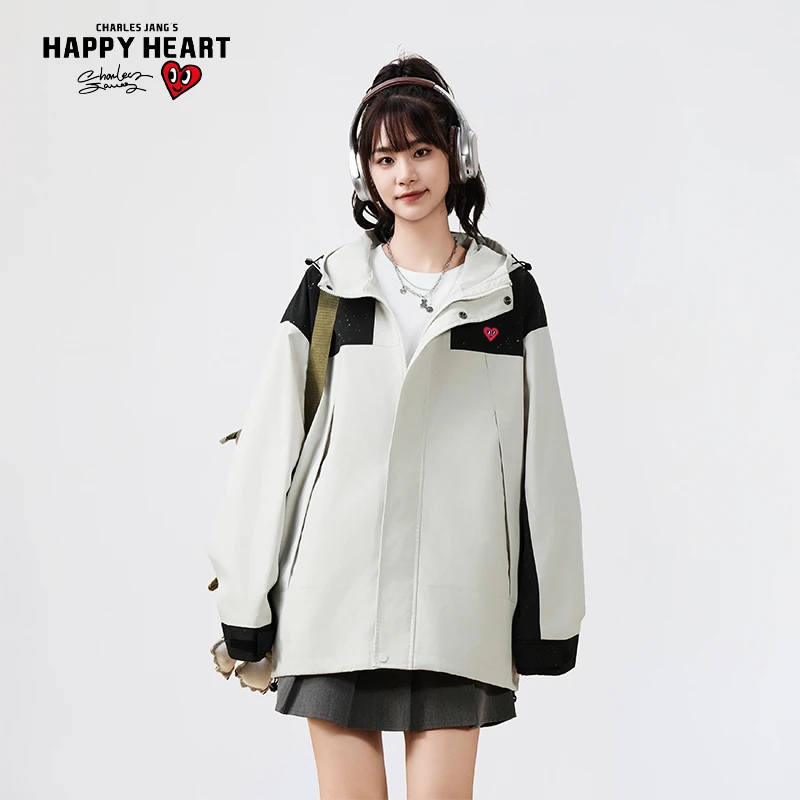 查尔斯桃心 百搭连帽冲锋夹克外套男女同款休闲百搭拼宽松外套