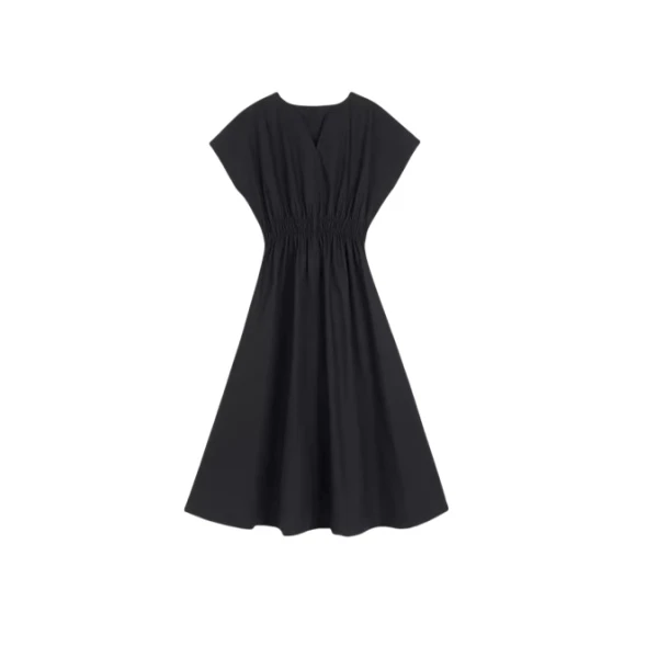 夏季气质显瘦女装连衣裙V领设计连身袖收腰小黑裙L255818
