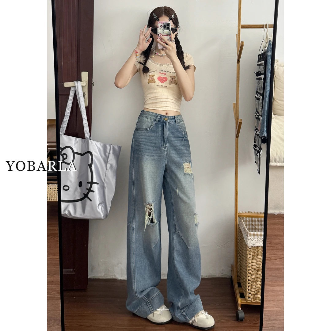 复古高腰破洞牛仔裤女秋冬新款大码胖mm梨形身材显瘦宽松阔腿裤子