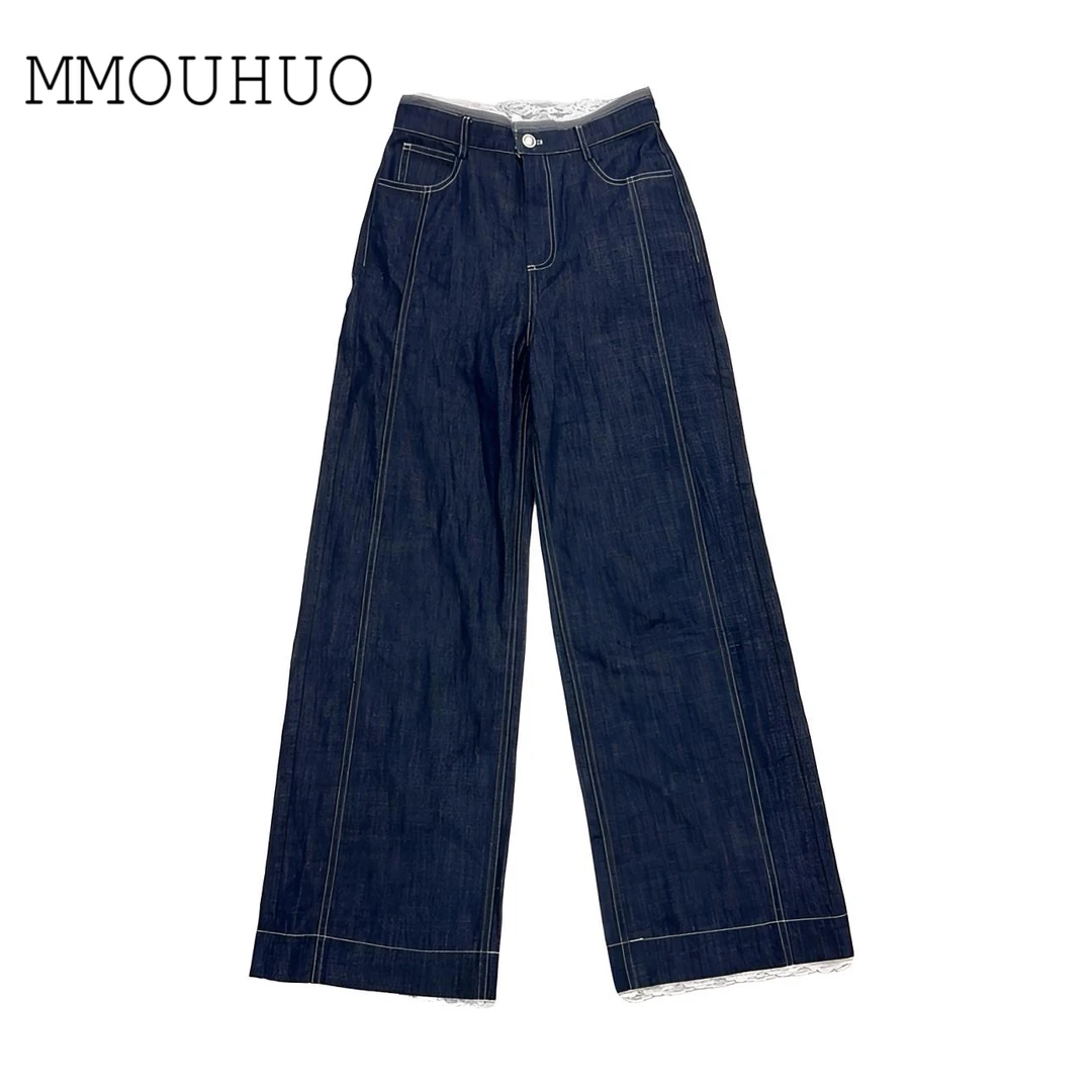 深圳MMOUHUO新款拼蕾丝高腰直筒牛仔裤