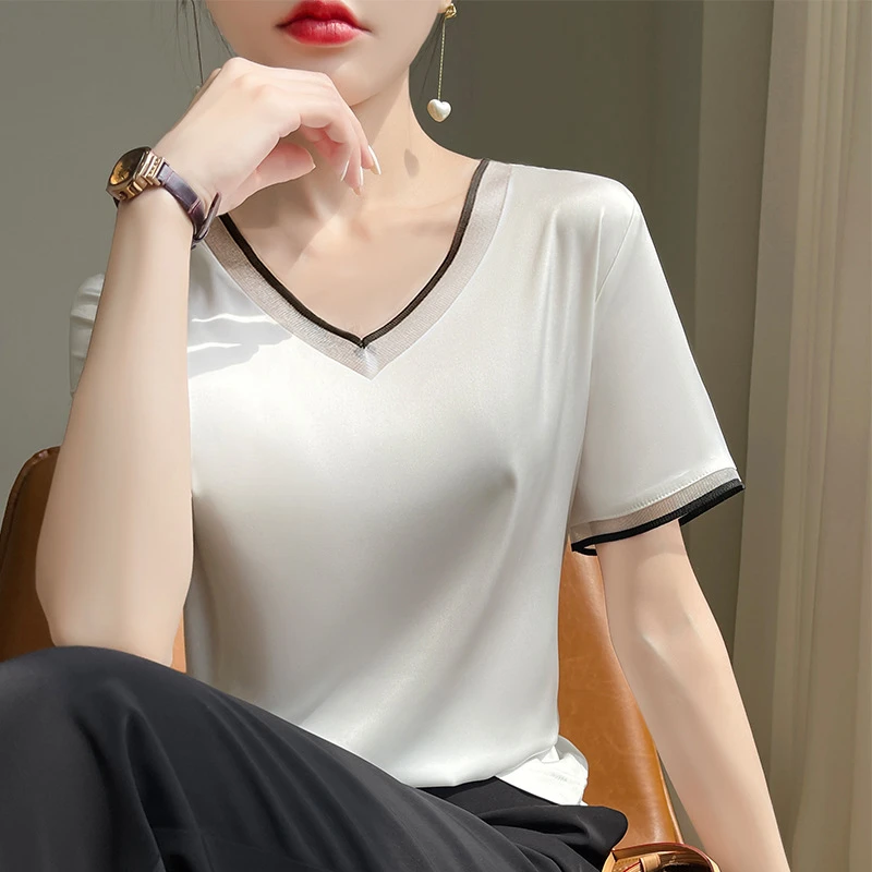 气质洋气时尚夏季宽松领设计感薄款百搭小众纯色外穿拼接打底衫
