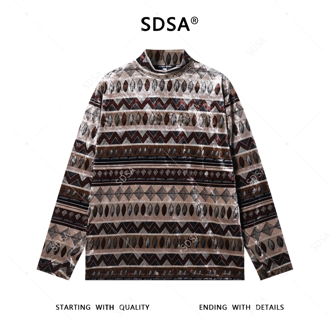 SDSA男士秋冬新款痞帅男装复古绒面趣味条纹半高领长袖T恤百搭潮