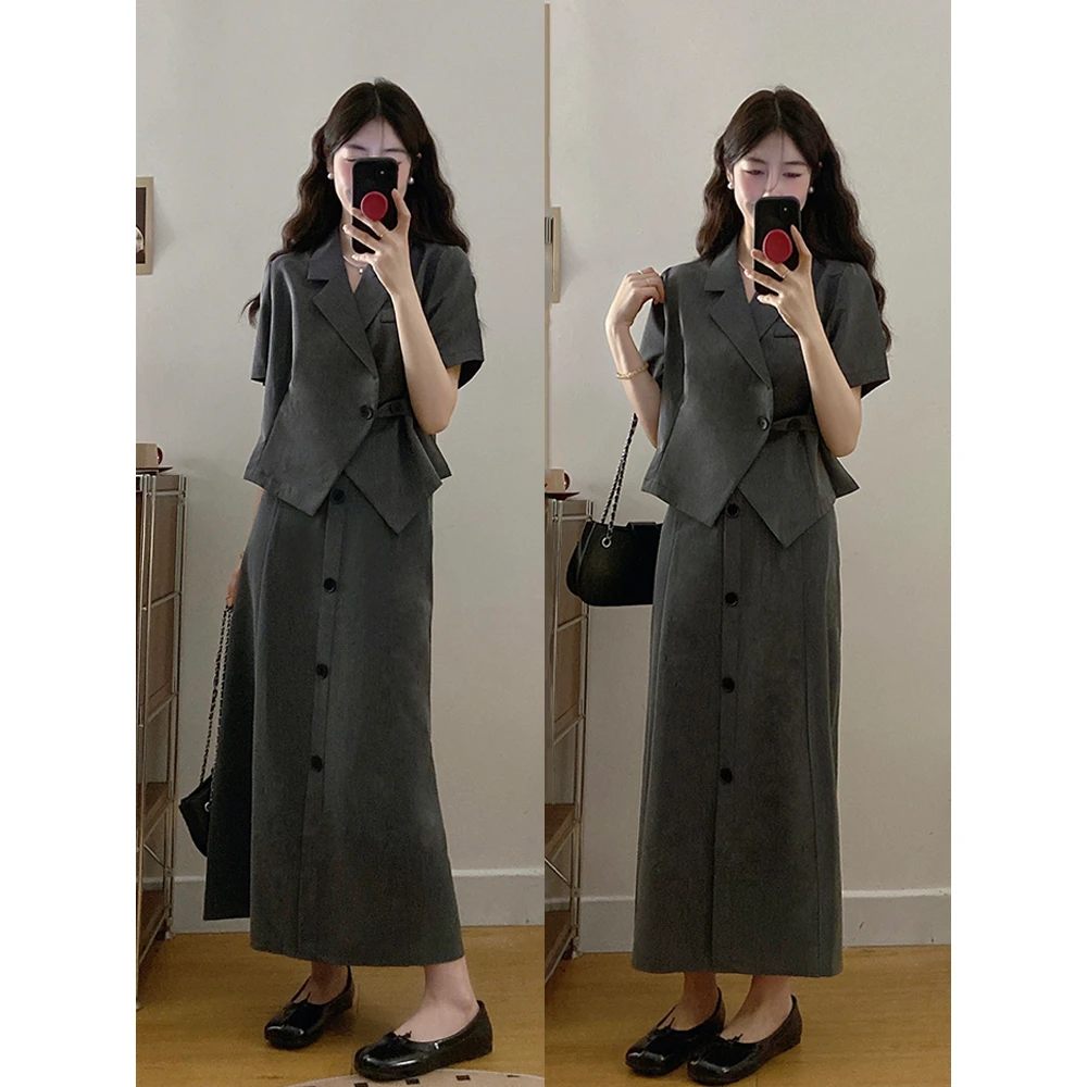 8558#大码胖mm气质西装高腰半身裙夏季显瘦通勤两件套连衣裙