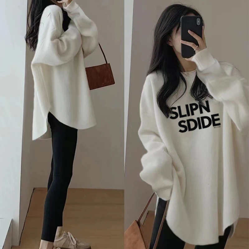 白色长袖女秋冬季高级感休闲百搭中长款德绒保暖t恤弧形下摆上衣