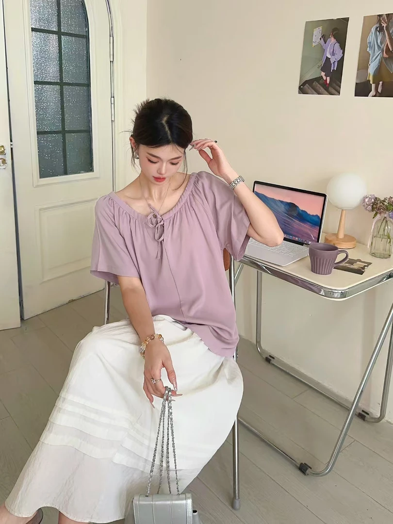 夏季新款高支斜纹人造棉女士短袖气质百搭宽松正反两面可穿休闲