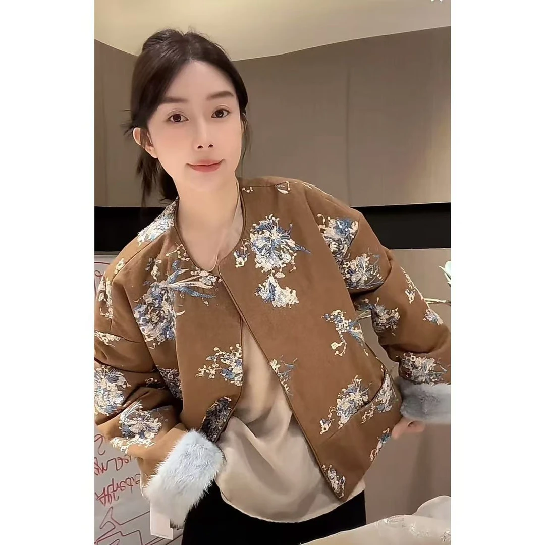 ZHUIMU.【白雪珠帘】新中式国风钉珠水貂毛袖口提花棉外套ZM7683.