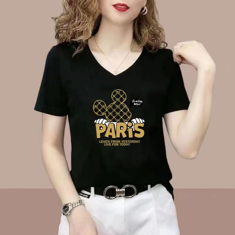 春夏季新款气质短袖t恤女v领半袖百搭修身显瘦印花时尚打底衫体恤
