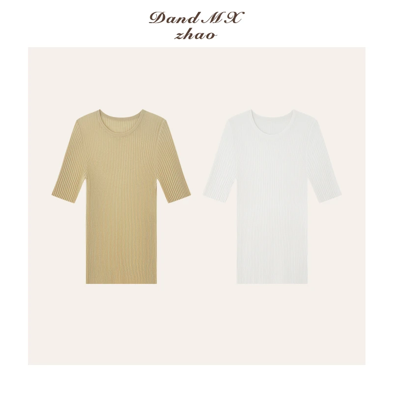 D&MX 基础坑条简约百搭中袖圆领轻薄针织高个子上衣A9035