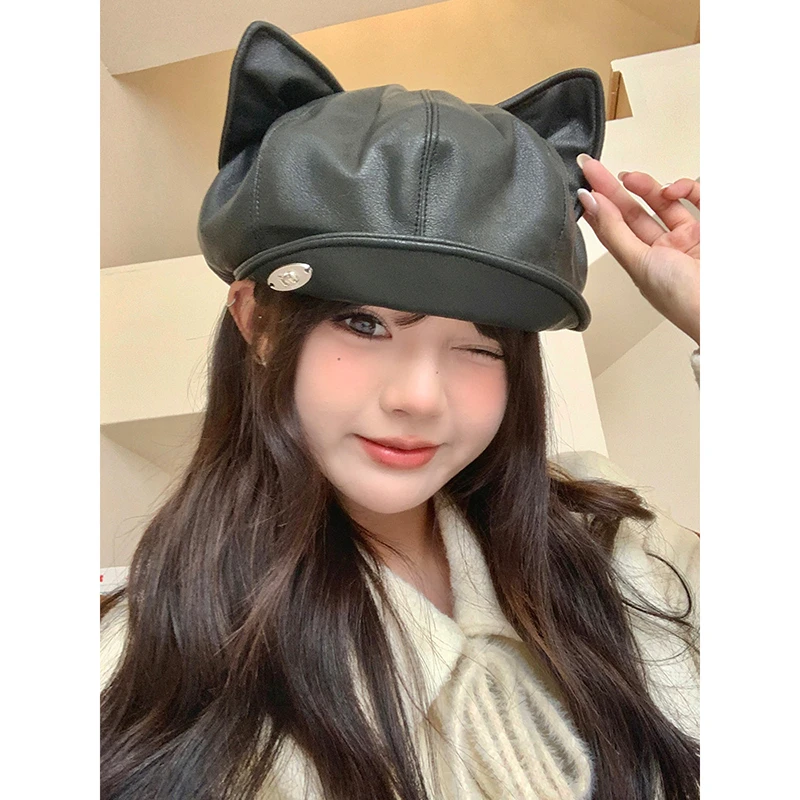 pu皮质可爱猫耳朵贝雷帽女春秋显脸小黑色八角帽复古报童画家帽子