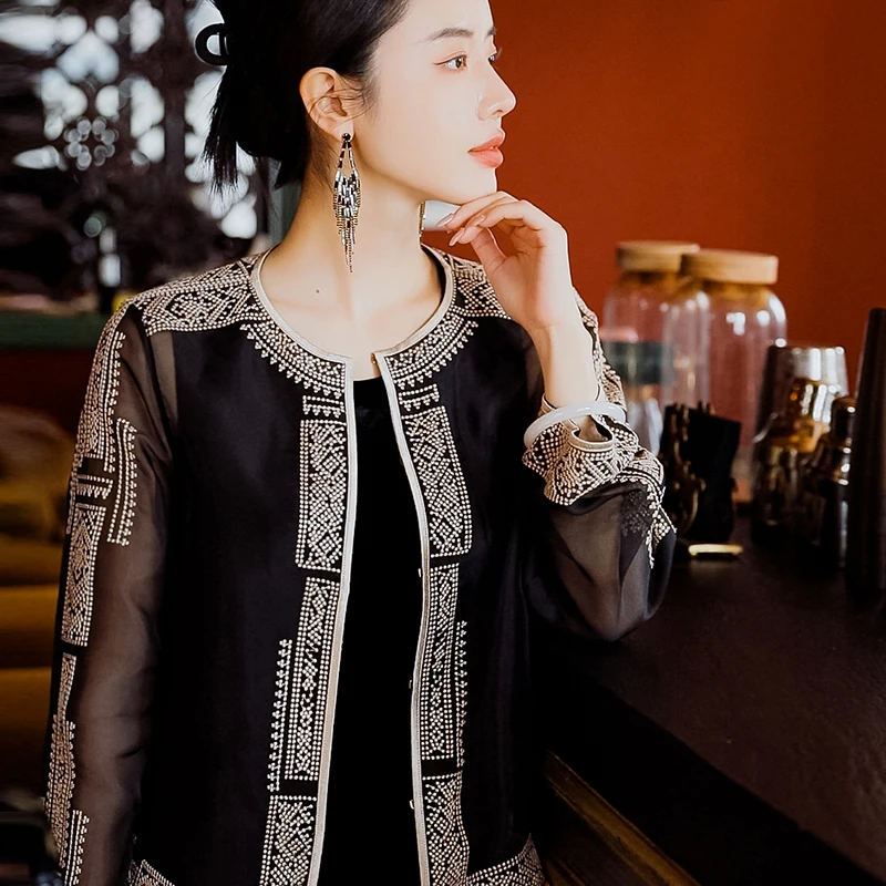 复古日记“清霜”100桑蚕丝欧根纱非遗打籽手绣中式防晒空调外套