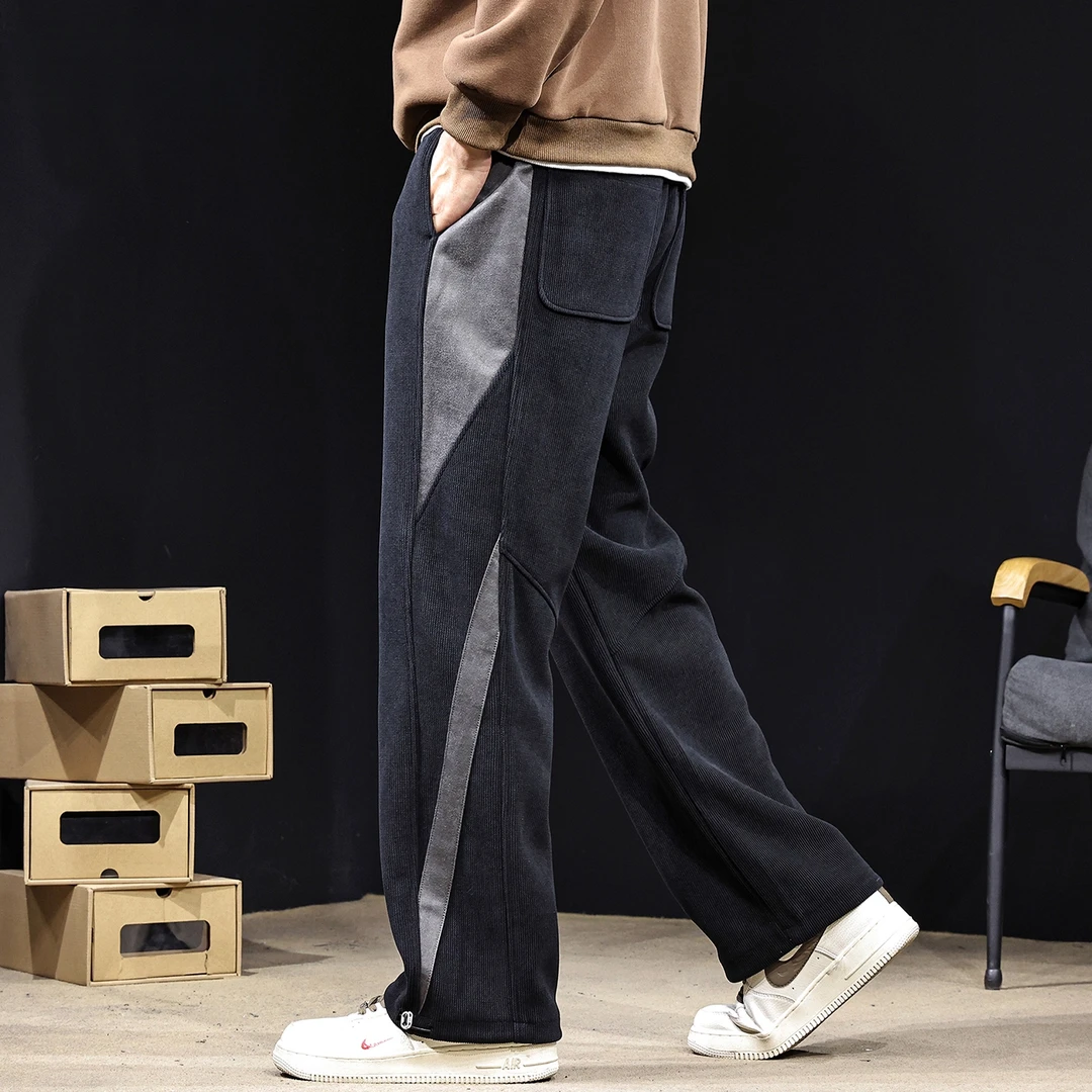欧棉绒直筒休闲裤男士秋冬新款潮牌宽松大码拼色拼接加绒加厚卫裤