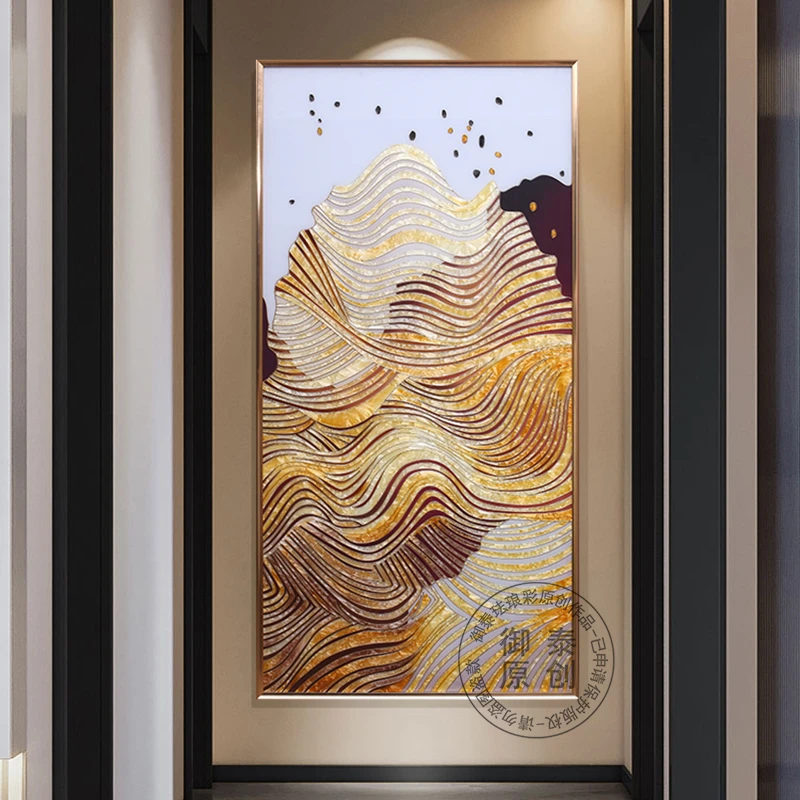 现代轻奢手绘珐琅彩装饰画入户玄关挂画抽象走廊过道立体画竖版