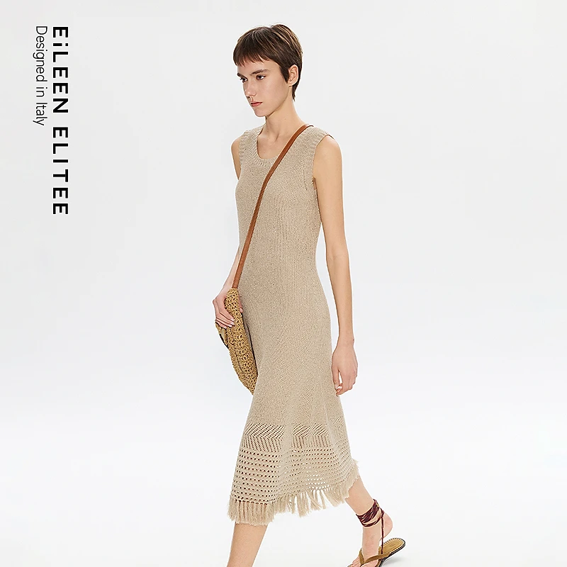 朗姿欧洲EiLEEN ELITEE针织无袖连衣裙钩花亚麻裙2025气质欧若风