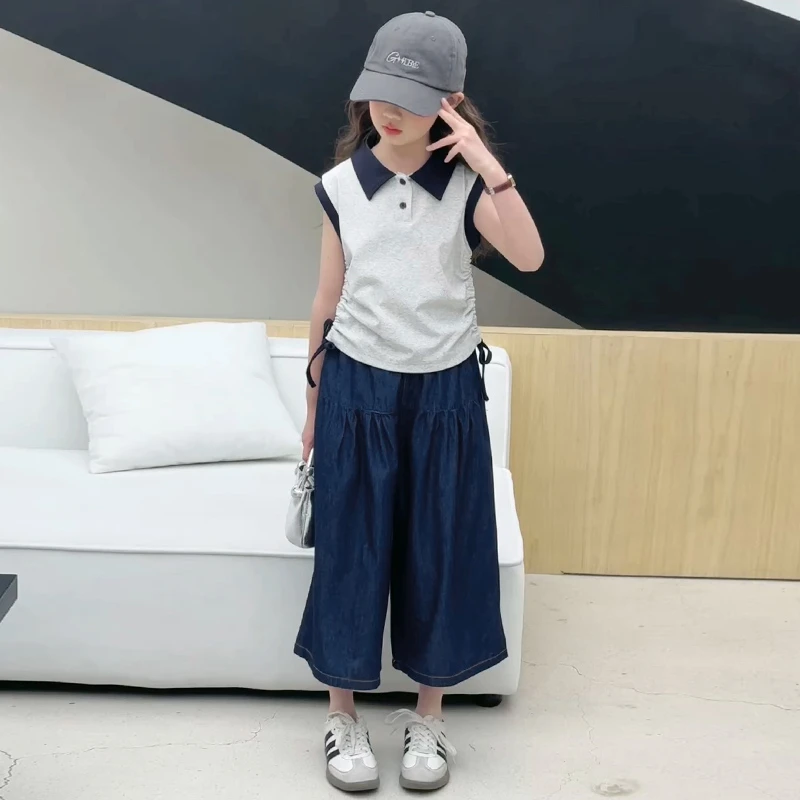 女童夏季无袖背心套装中大童时尚收腰设计蕾丝阔腿裤洋气两件套款