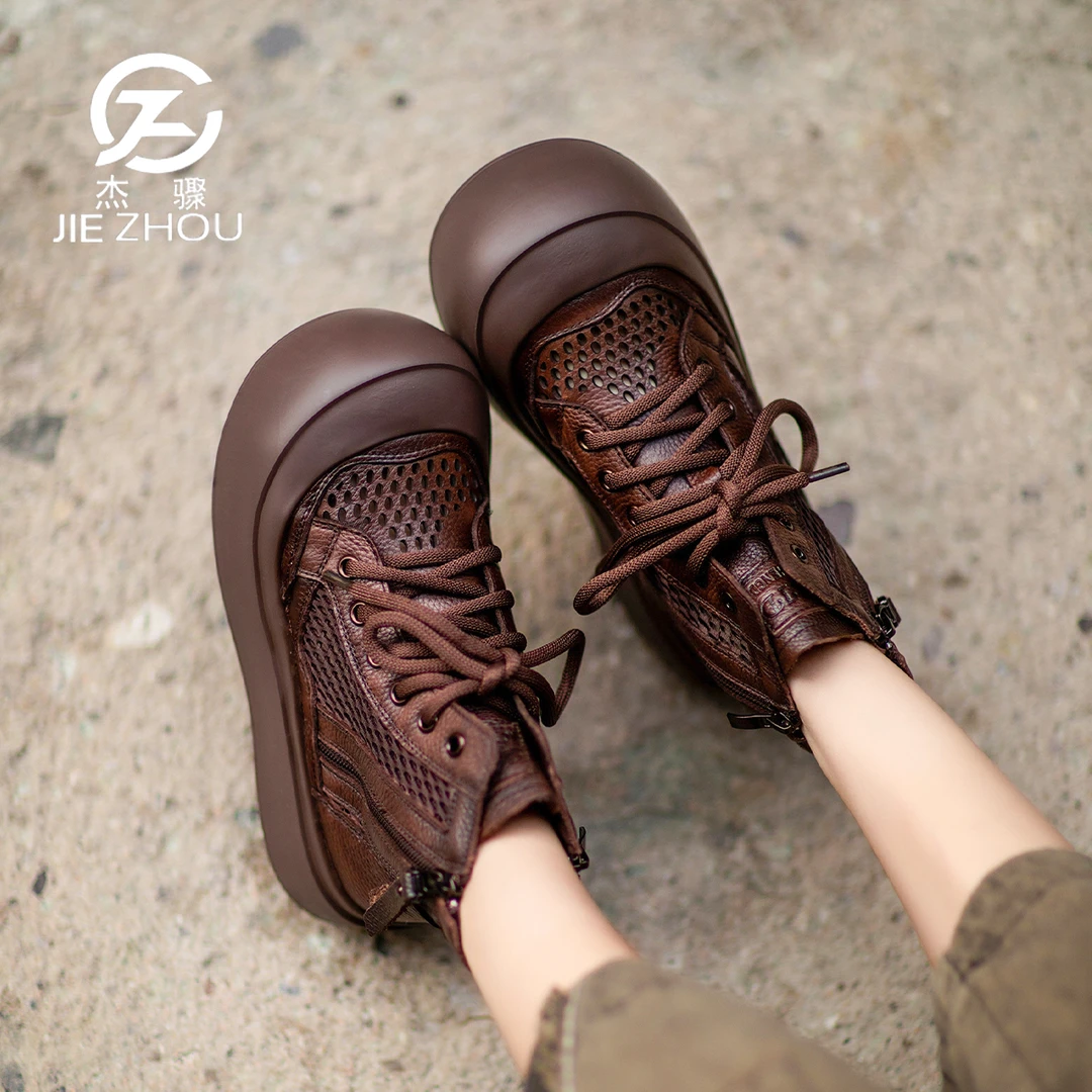 杰骤春夏真皮厚底镂空马丁靴女牛皮网面短靴牛皮丑萌大头妈妈凉靴