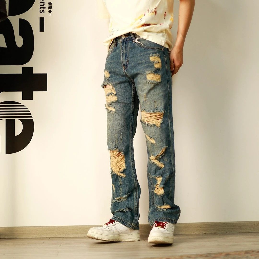 高端港风复古做旧大破洞补丁宽松直筒阔腿男士牛仔裤美式裤子潮牌