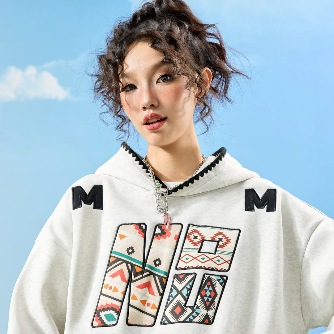 Nuthink美式复古刺绣拼色连帽卫衣加绒连帽秋季卫衣情侣秋新款