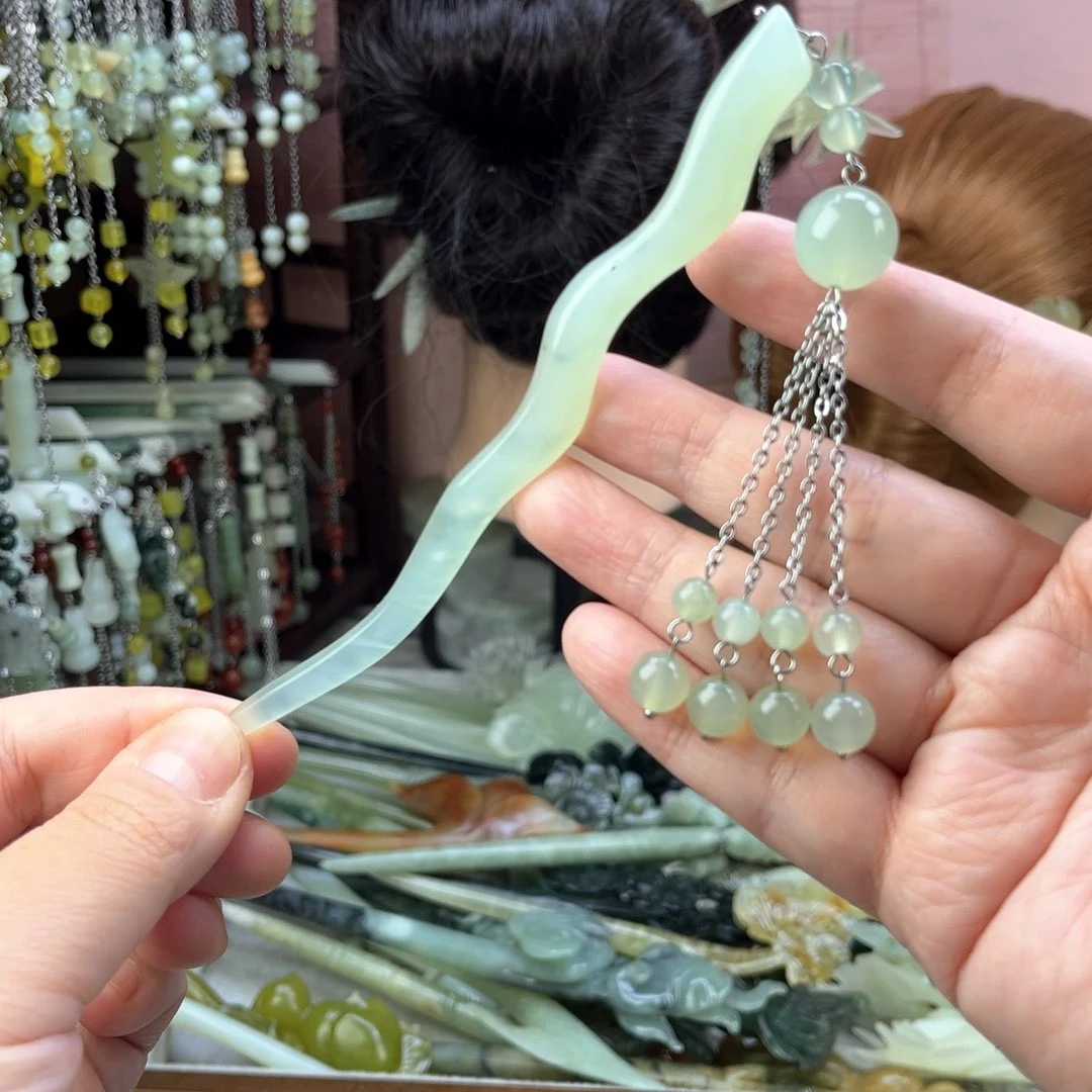 蛇纹石玉发饰未镶嵌长度14厘米左右