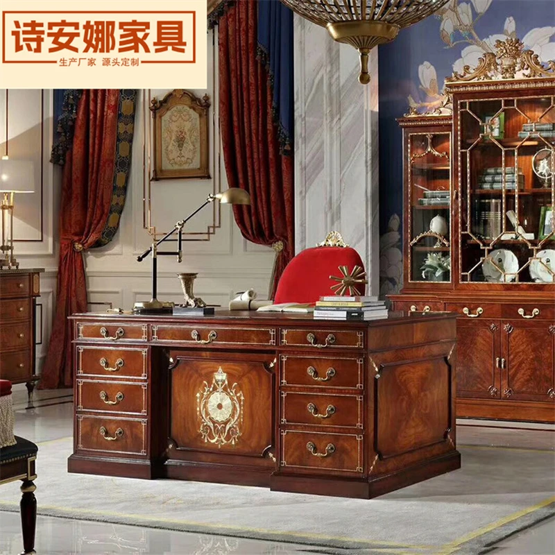 亚历山大家具奢华英式书房家具英伦风别墅实木镶贝壳书桌椅组合