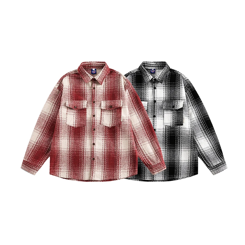 美式复古格子长袖衬衫外套-CS151