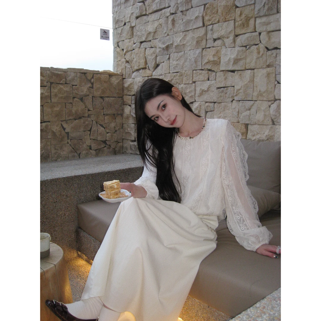 【直接爱住】25795 甜美温柔风微透泡泡袖蕾丝上衣韩系宽松衬衫