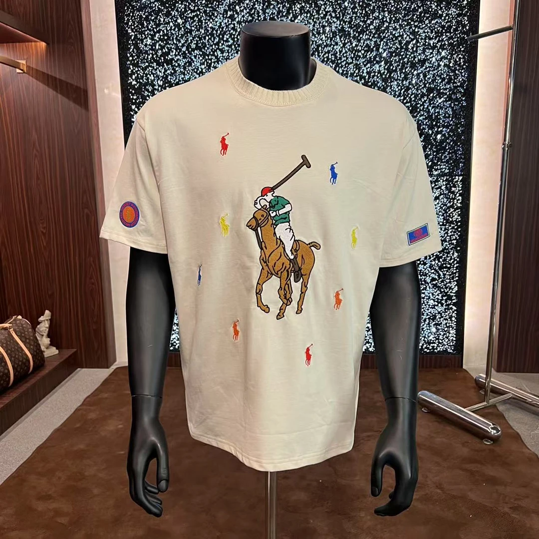 夏季新款重工骑马刺绣纯棉男士圆领时尚百搭休闲上衣短袖T恤半袖