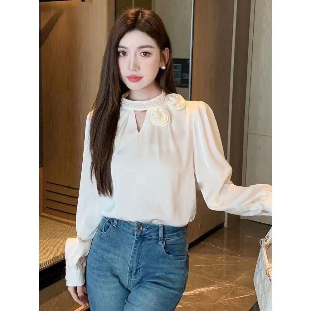 法式立领花朵拼接长袖衬衫女春装2025春季新款高级感女士上衣小衫