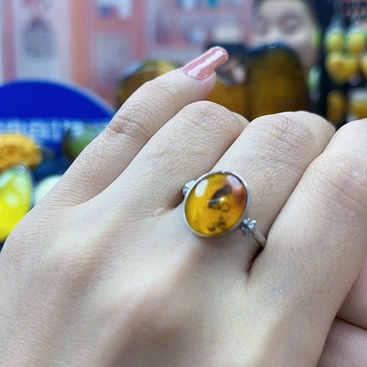 蜜蜡银S925镶嵌裸石戒指
