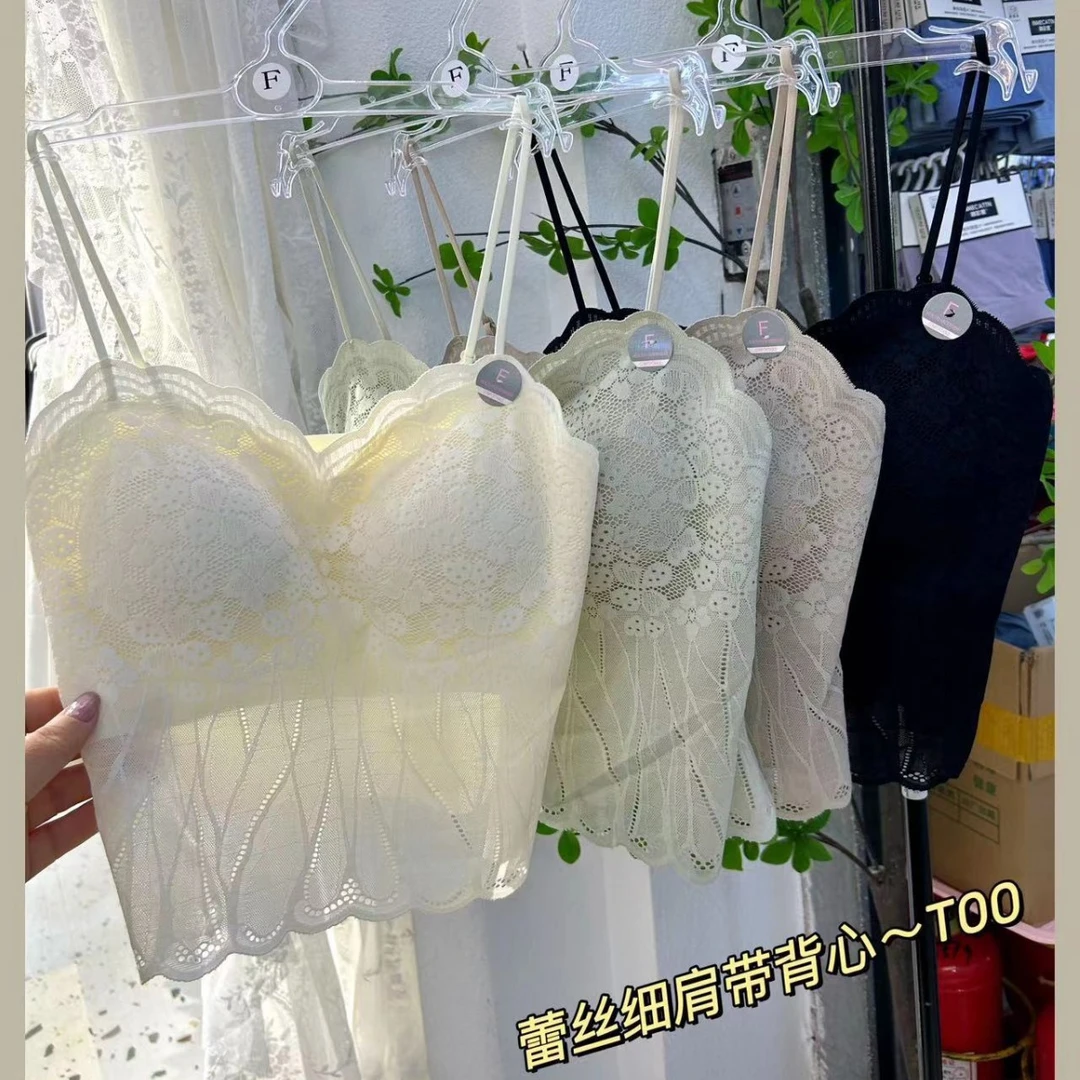 夏季新款蕾丝中长款细肩带吊带背心裹胸固定杯无钢圈内衣女士