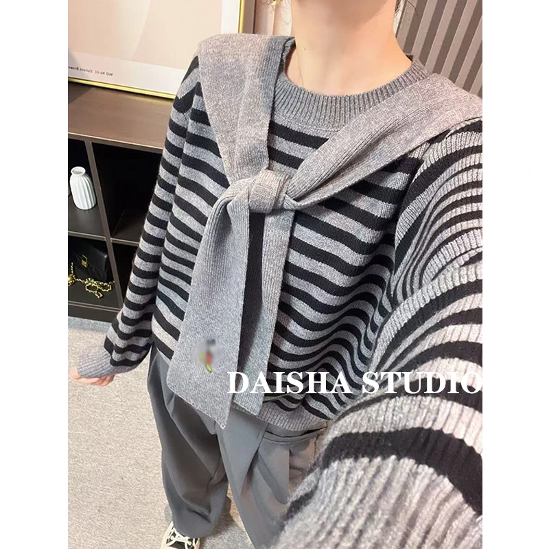 【糖鸭披肩】秋冬厚款百搭条纹圆领针织衫显瘦套头毛衣女两件套上衣