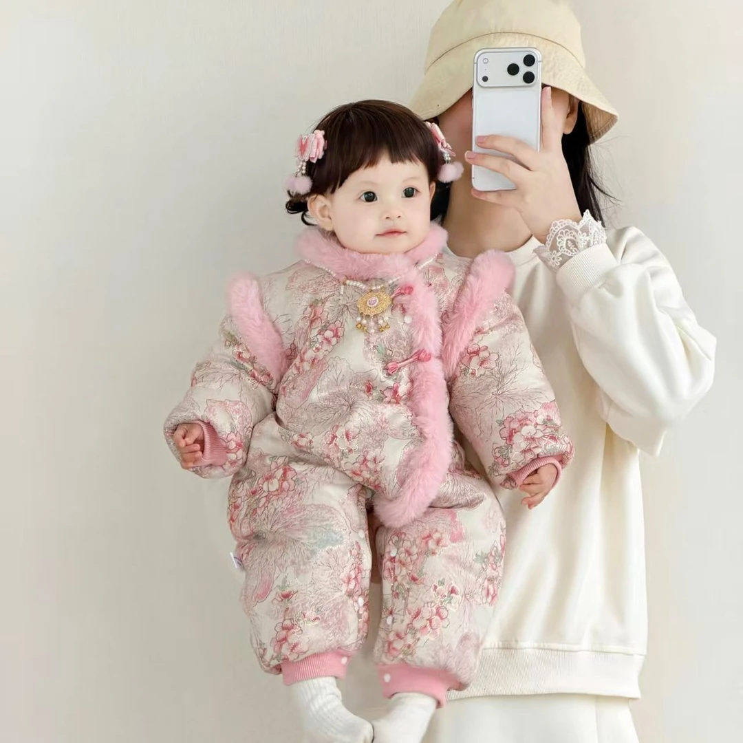 宝宝拜年加绒连体衣婴儿公主满月衣服百天加厚冬季周岁礼服国风