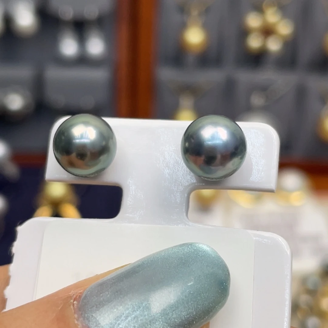 18K金镶嵌海水珍珠耳饰8-9 炫彩铂金灰