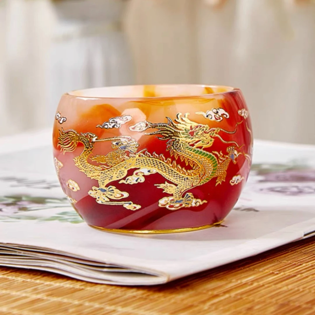 玛瑙红龙凤戏珠琉璃杯手工茶盏 茶杯 创意 主人杯 禅意