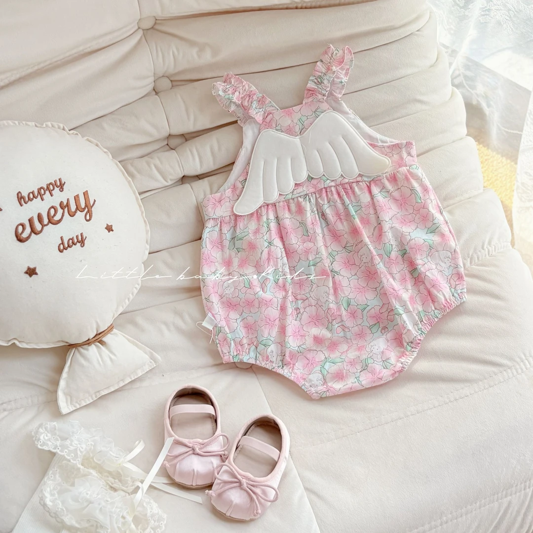 宝宝衣服夏季薄款女宝宝甜美可爱碎花小天使翅膀吊带纯棉包屁衣